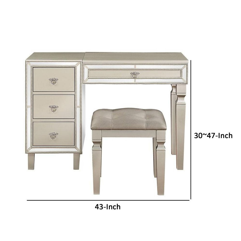 Sosi 47 Inch Vanity Desk Set Padded Stool Mirror Inlaid Drawers Silver By Casagear Home BM299027