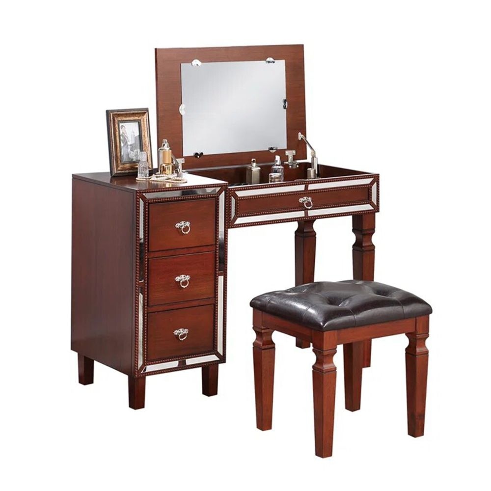 Sosi 47 Inch Vanity Desk Set with Stool, 3 Mirror Inlaid Drawers, Brown By Casagear Home