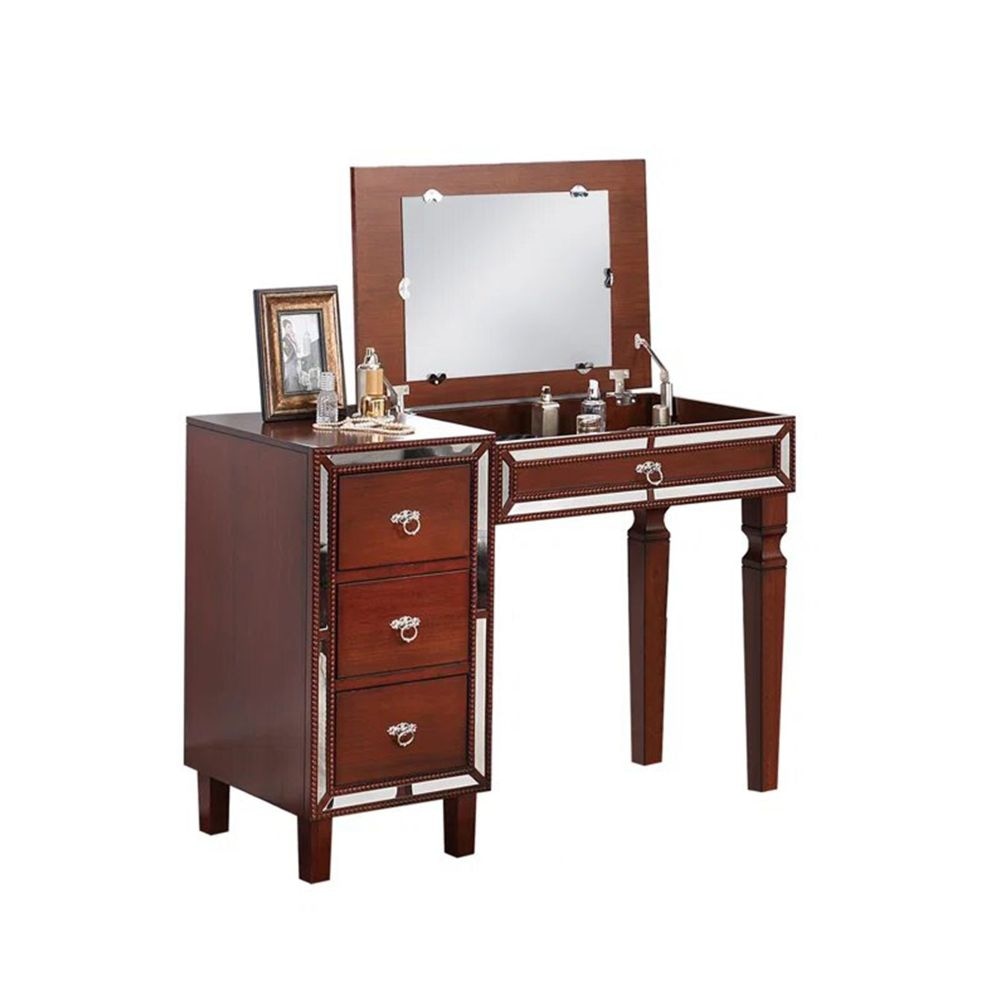 Sosi 47 Inch Vanity Desk Set with Stool 3 Mirror Inlaid Drawers Brown By Casagear Home BM299029