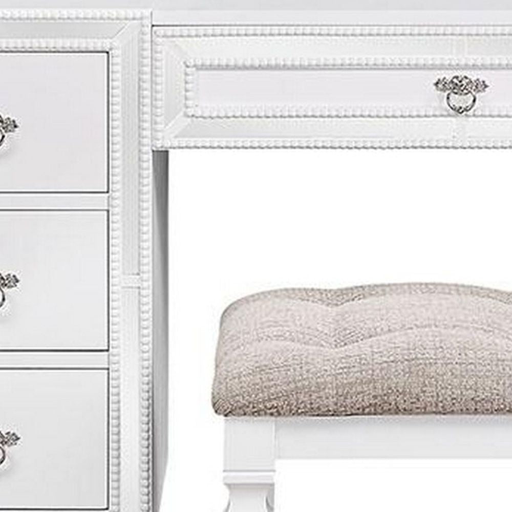 Sosi 47 Inch Vanity Desk Set with Stool 3 Mirror Inlaid Drawers White By Casagear Home BM299030