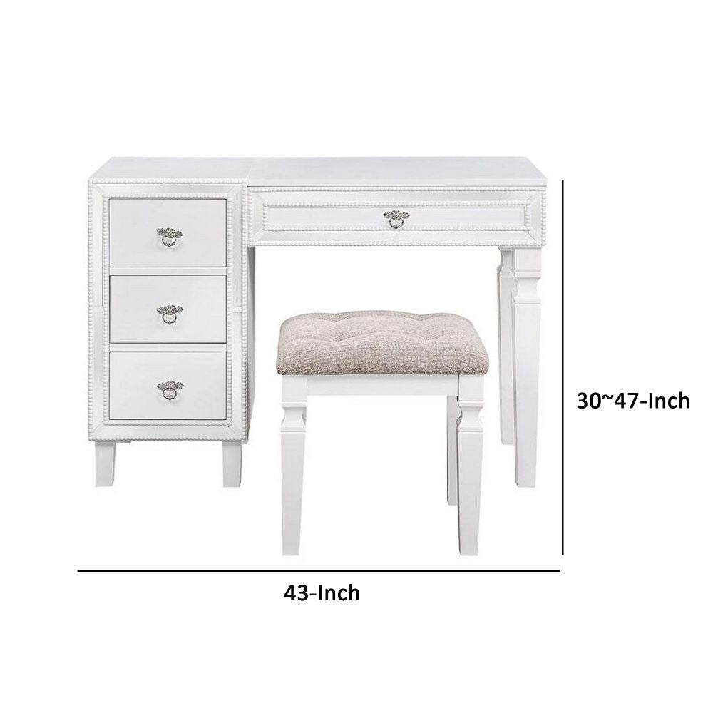 Sosi 47 Inch Vanity Desk Set with Stool 3 Mirror Inlaid Drawers White By Casagear Home BM299030