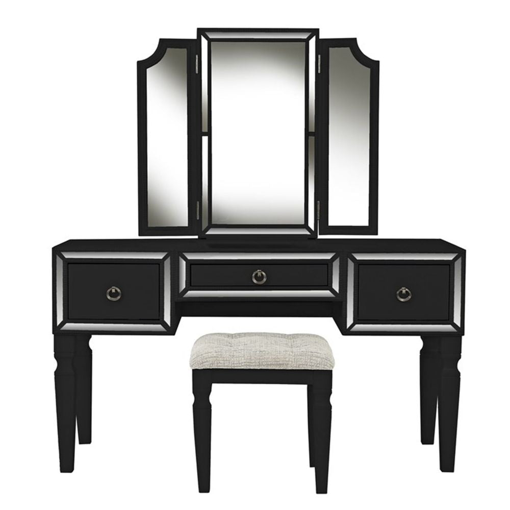 Thuy 60 Inch Vanity Desk Set Upholstered Stool Trifold Mirror Black By Casagear Home BM299055