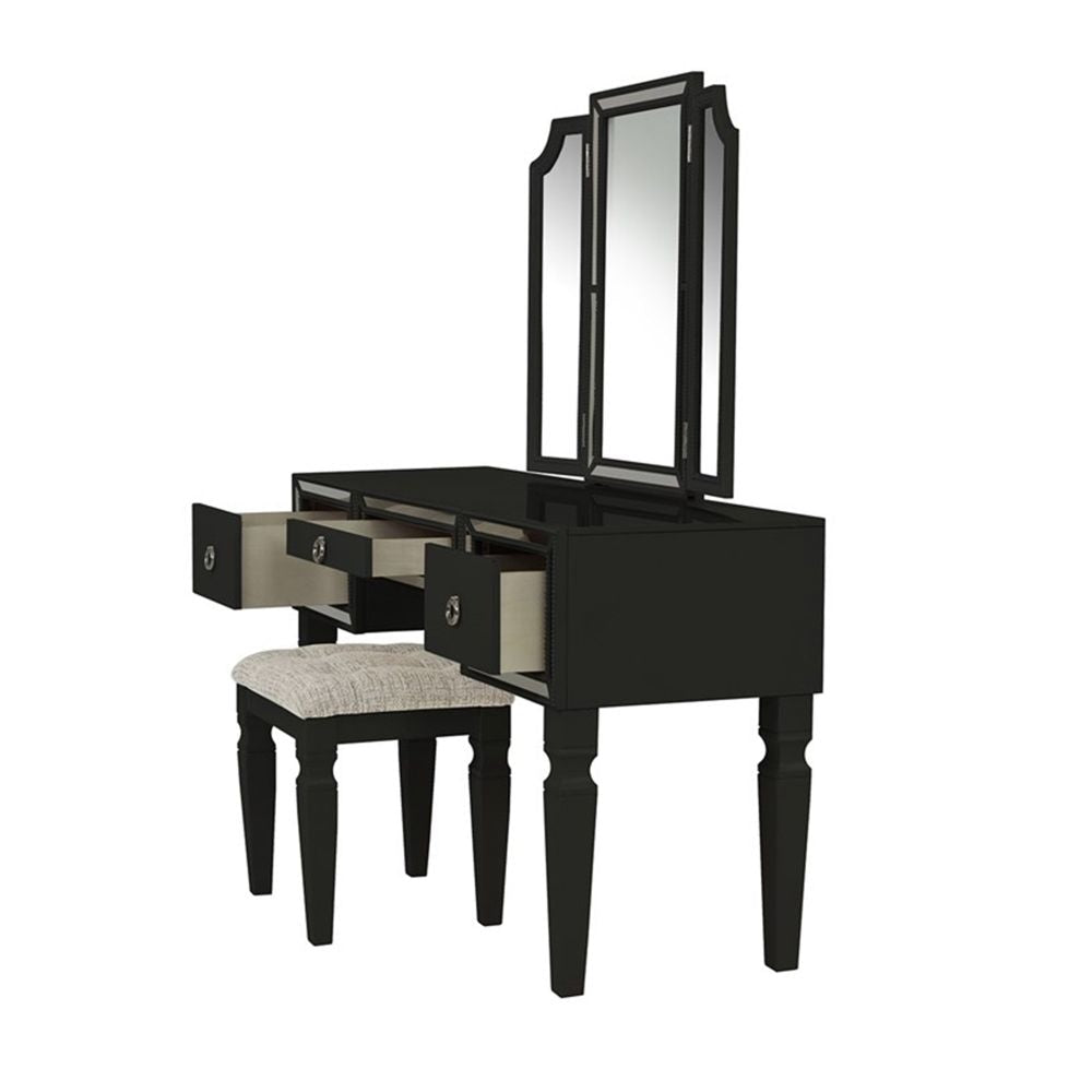 Thuy 60 Inch Vanity Desk Set Upholstered Stool Trifold Mirror Black By Casagear Home BM299055