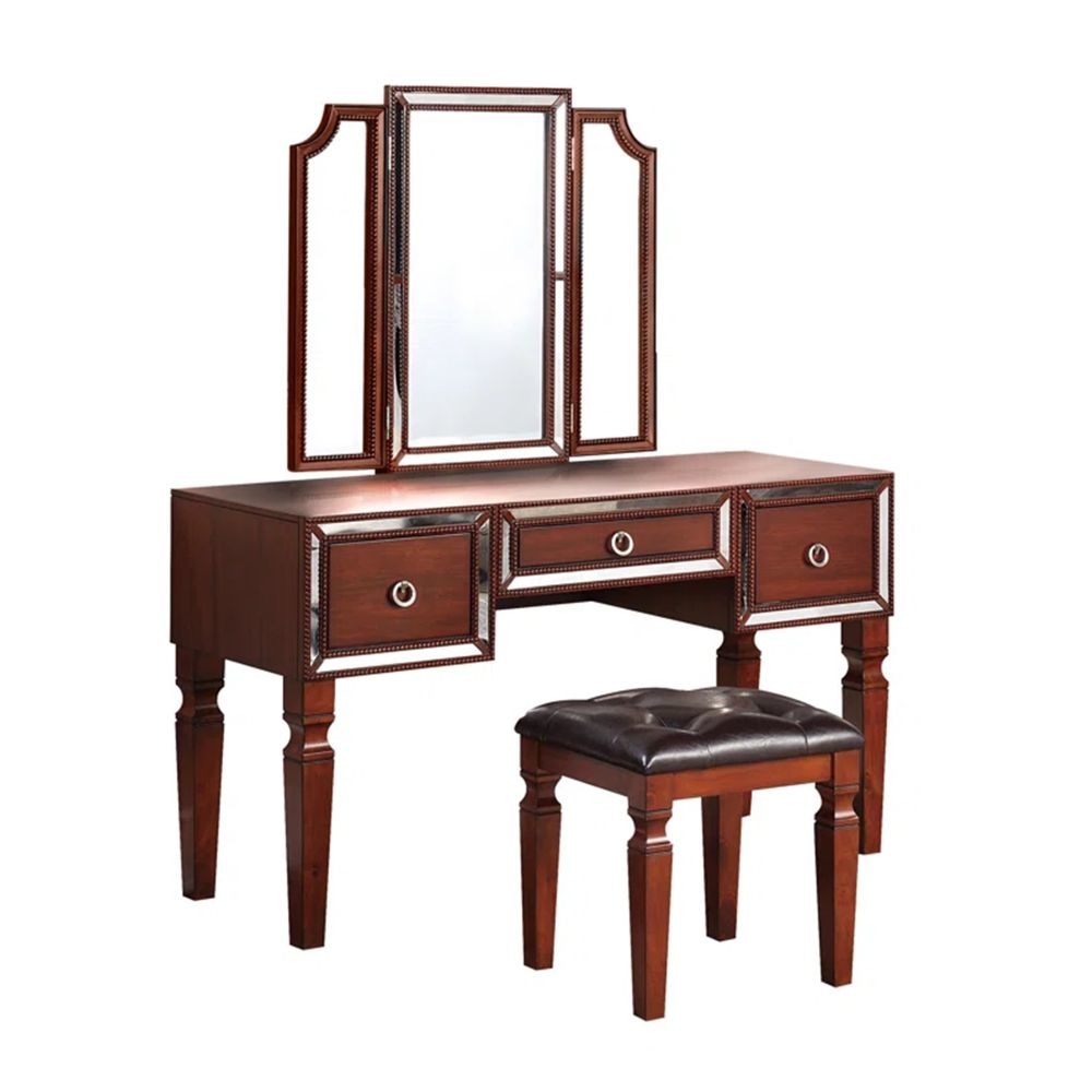 Thuy 60 Inch Vanity Desk Set, Upholstered Stool, Trifold Mirror, Brown By Casagear Home