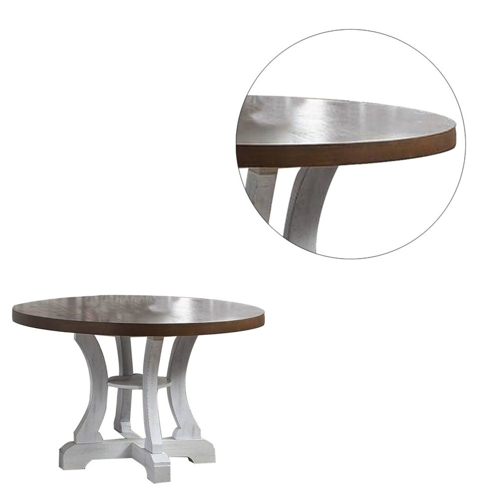 Neci 54 Inch Round Dining Table White Pedestal Distressed Brown and White By Casagear Home BM299065