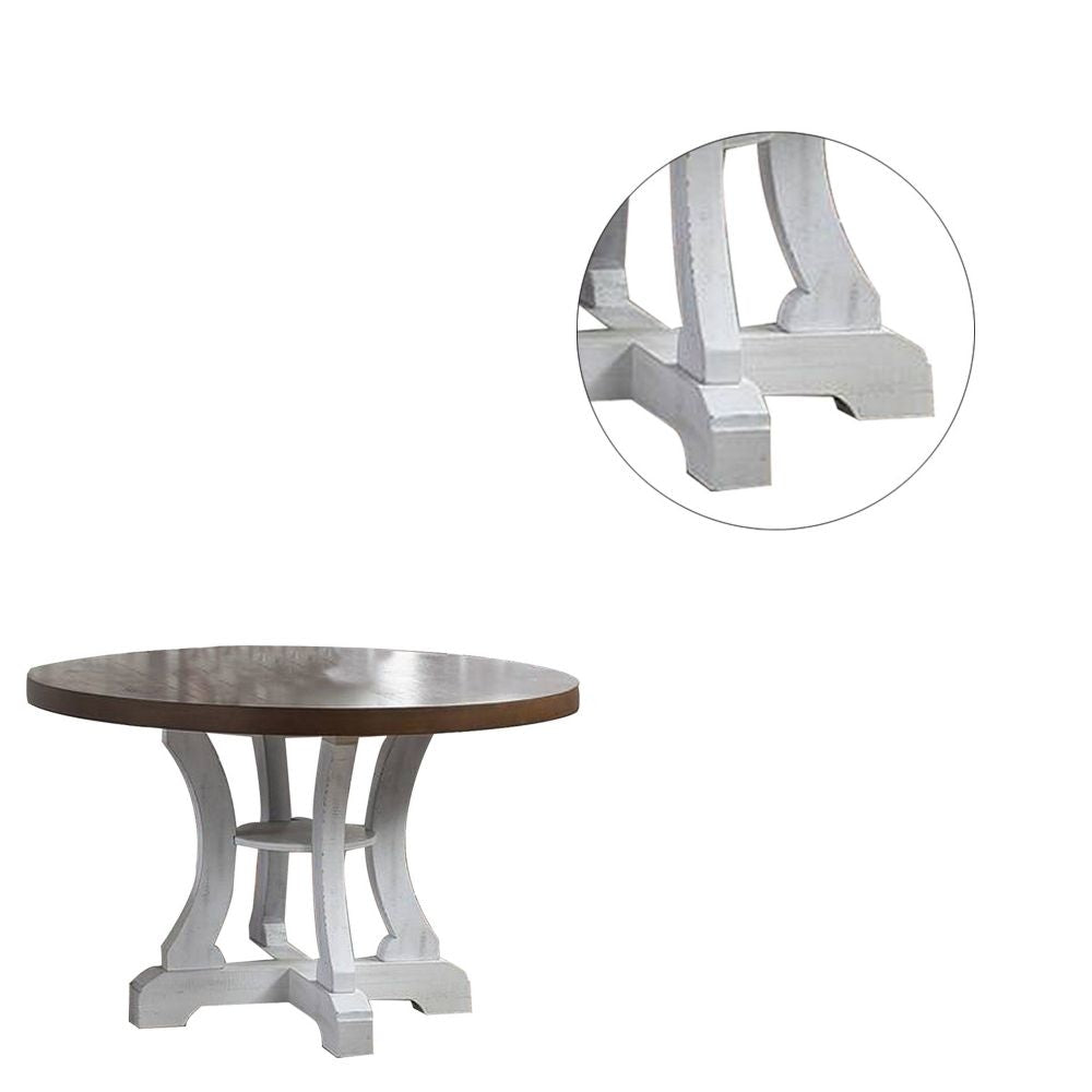 Neci 54 Inch Round Dining Table White Pedestal Distressed Brown and White By Casagear Home BM299065