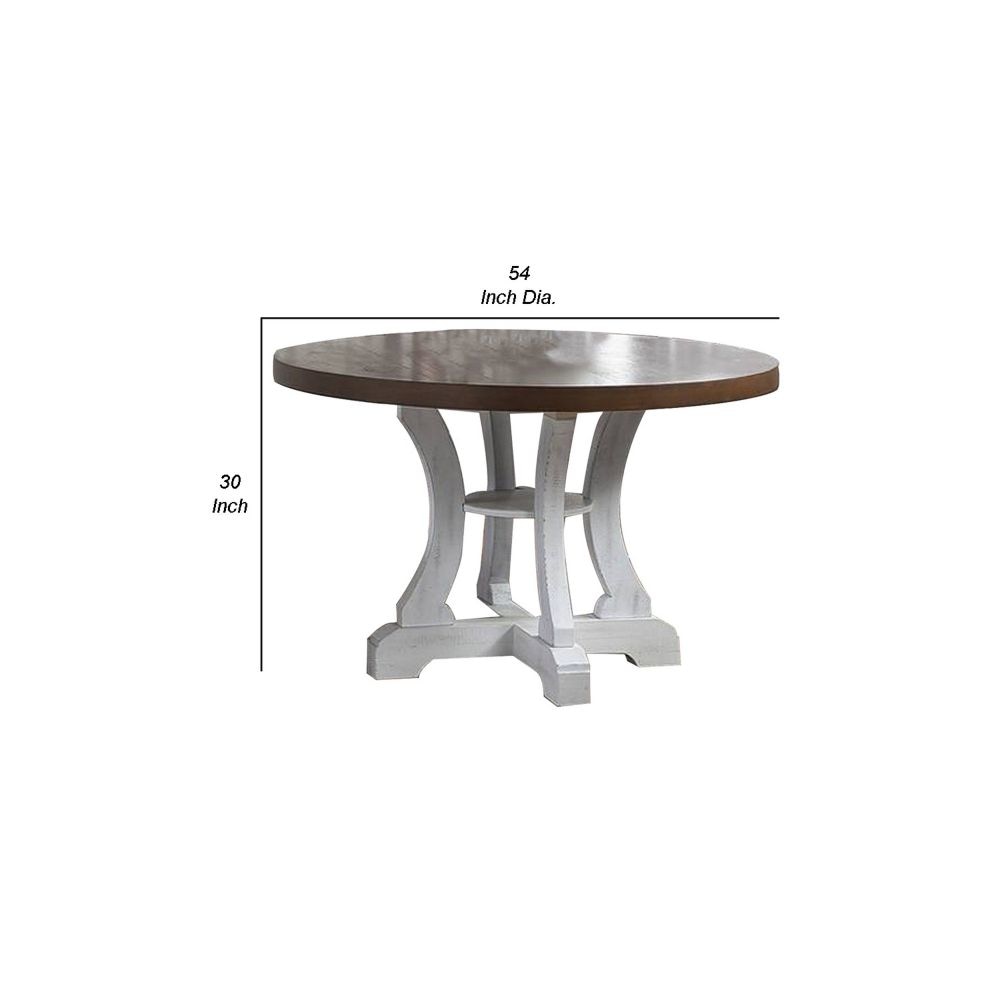 Neci 54 Inch Round Dining Table White Pedestal Distressed Brown and White By Casagear Home BM299065