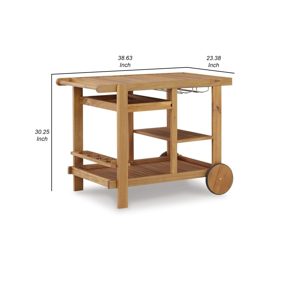 Clio 39 Inch Outdoor Serving Cart Slatted Removable Tray Brown Wood By Casagear Home BM299185