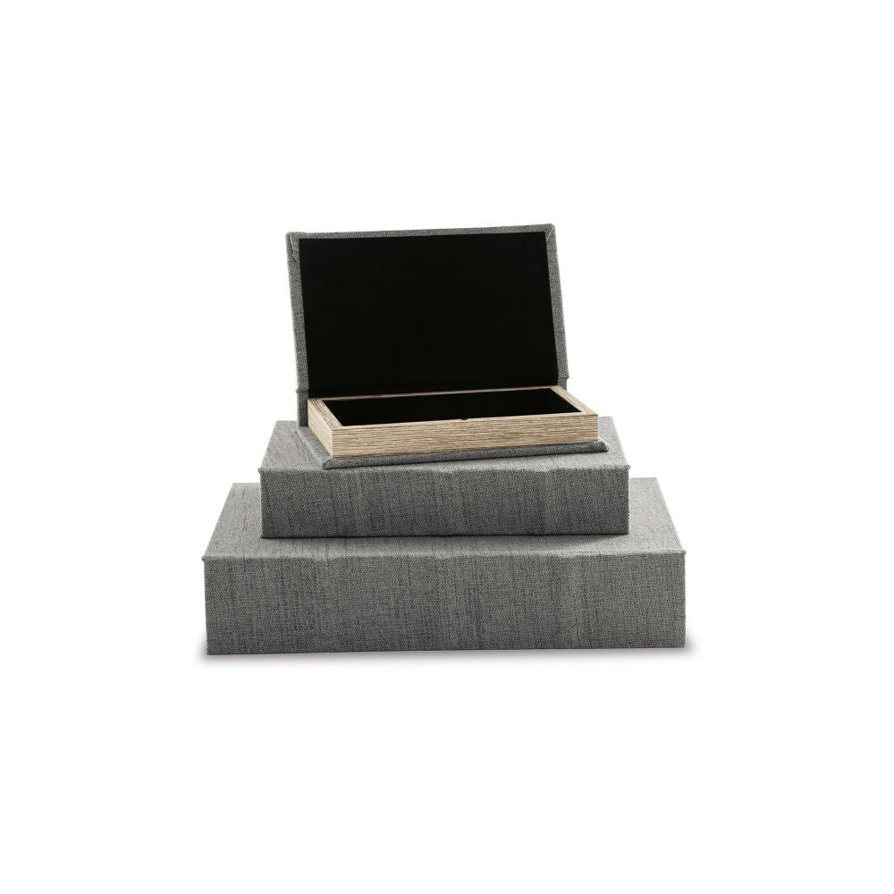 Nesting Decor Book Box Set of 3 Gray Polyester Cover Black Velvet Lining By Casagear Home BM299216