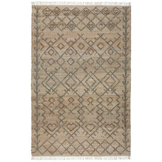 Ella 8 x 10 Area Rug, Beige Handwoven Jute, Fringes, Tribal Geometric Style By Casagear Home