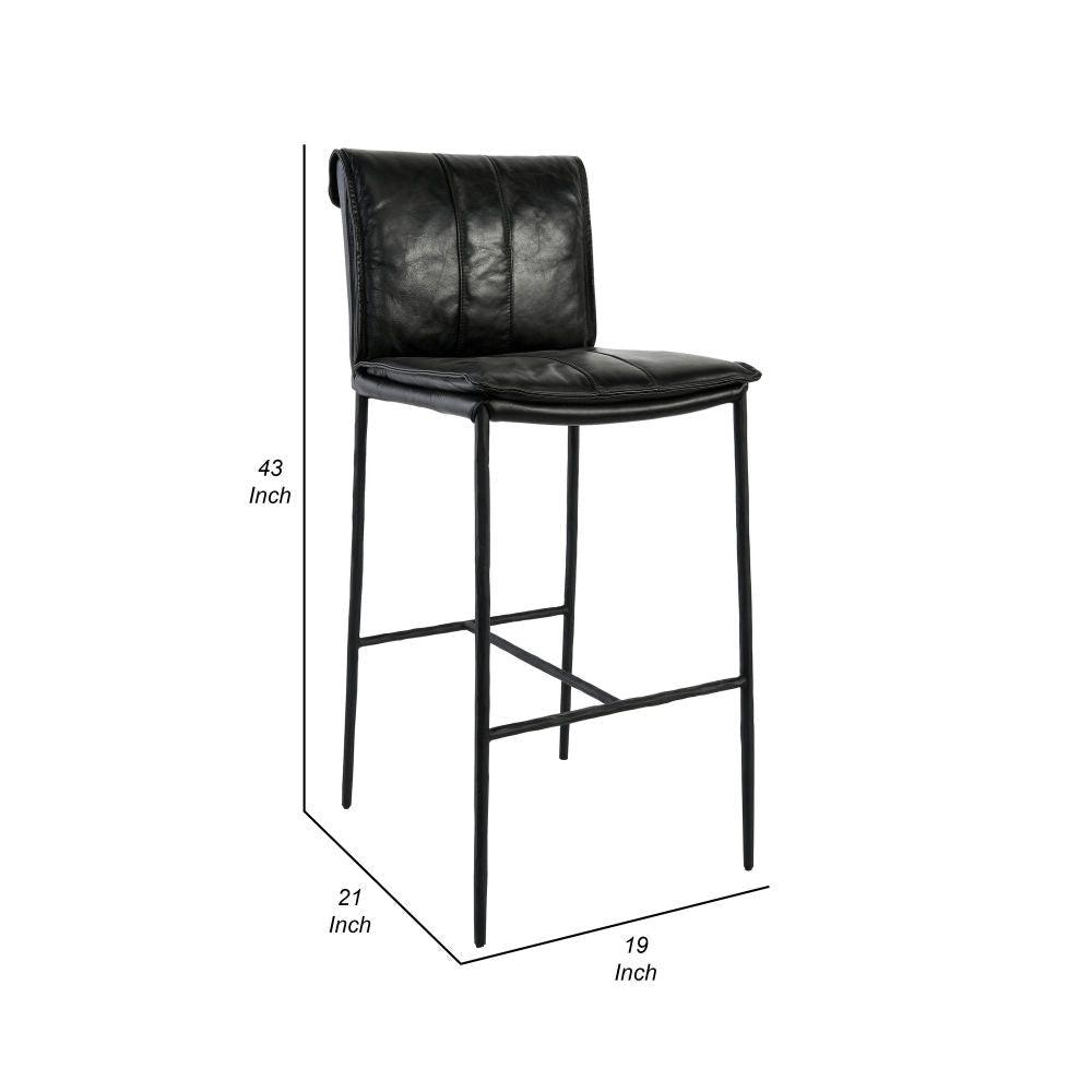 Iva 31 Inch Bar Stool Chair Padded Rolled Back Black Top Grain Leather By Casagear Home BM299281