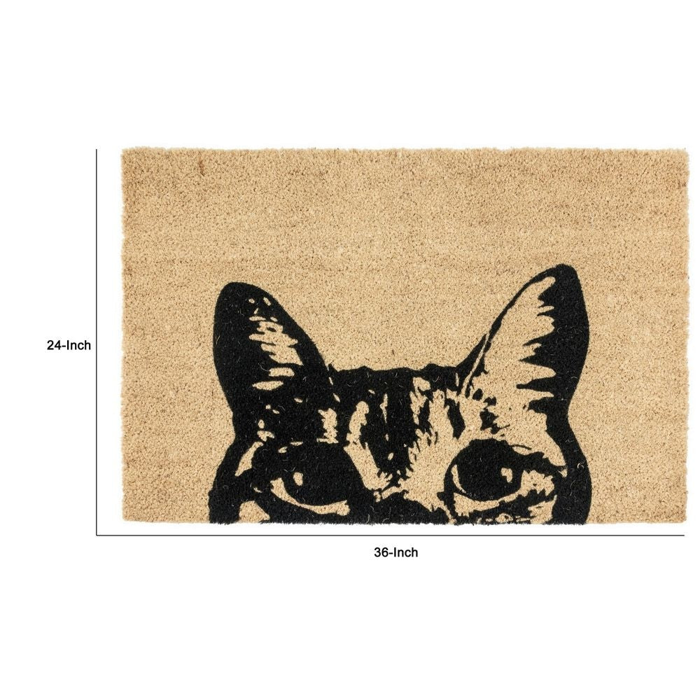 24 x 36 Machine Made Coir Doormat Black Cat Print Design Ivory Taupe Base By Casagear Home BM299358