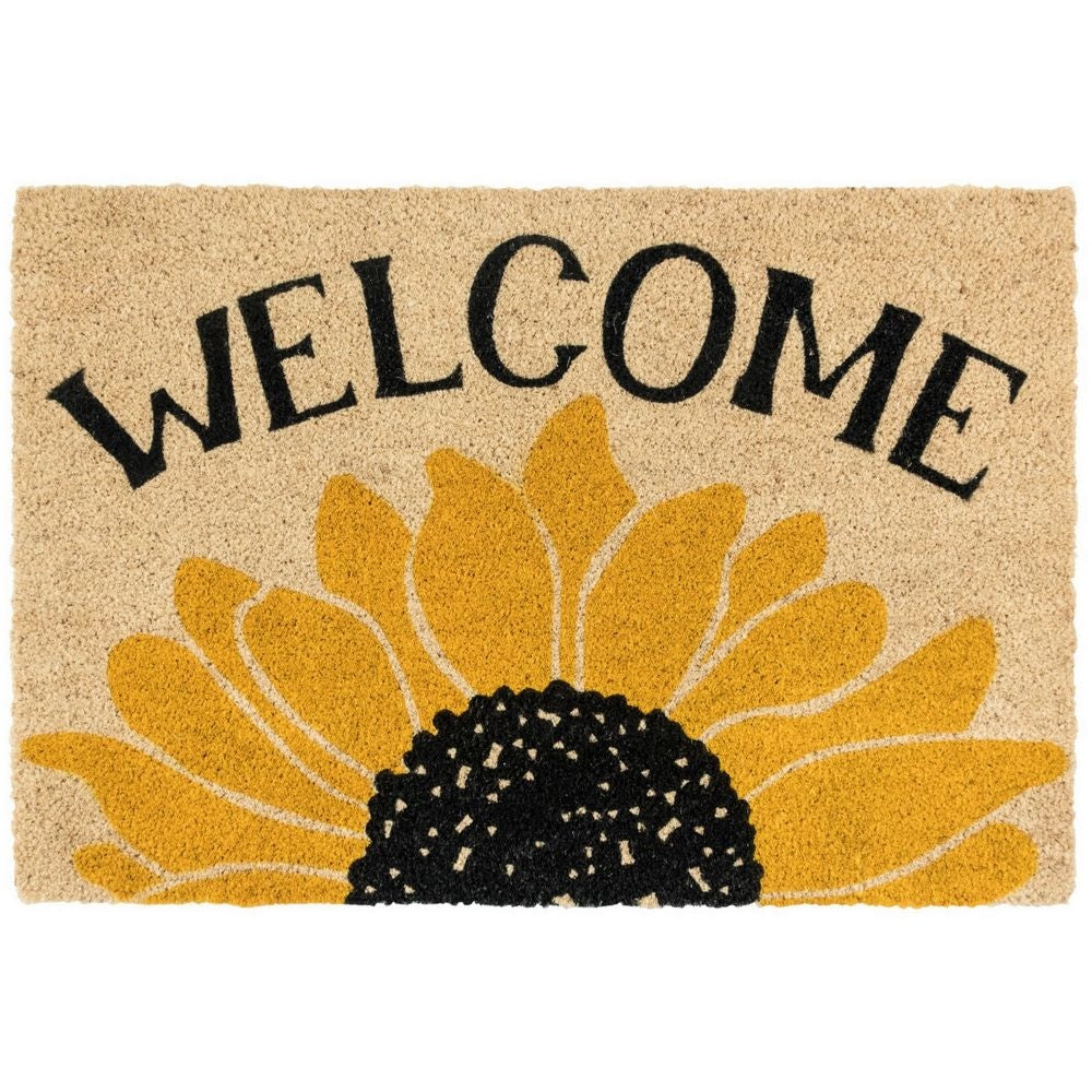 24 x 36 Coir Welcome Doormat, Black, Yellow Sunflower Print, Ivory Base By Casagear Home