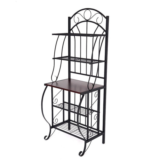 65" 5 Tier Bakers Rack, Wood Shelf, Carved Black Metal By Casagear Home