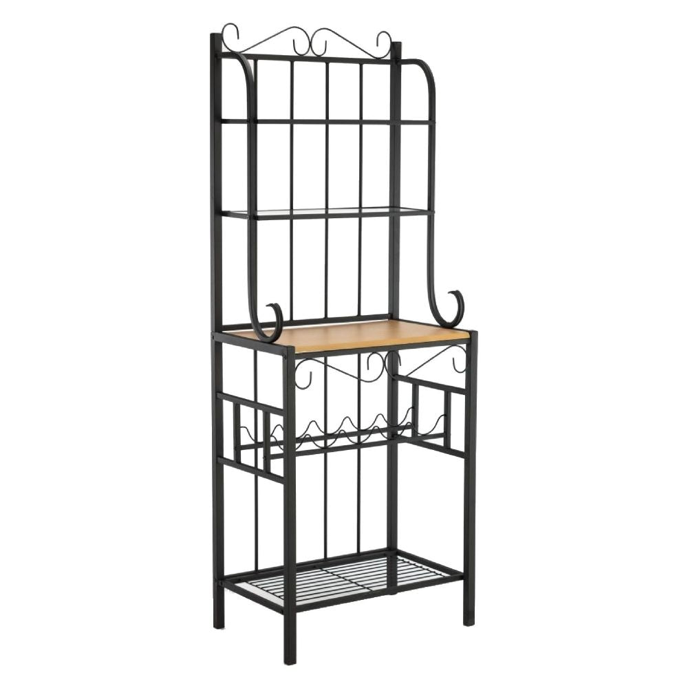 68" Bakers Rack, 4 Shelves, 5 Bottle Holders, Black Metal By Casagear Home