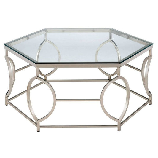 Slade 40" Coffee Table, Hexagonal, Geometric Base, Chrome By Casagear Home