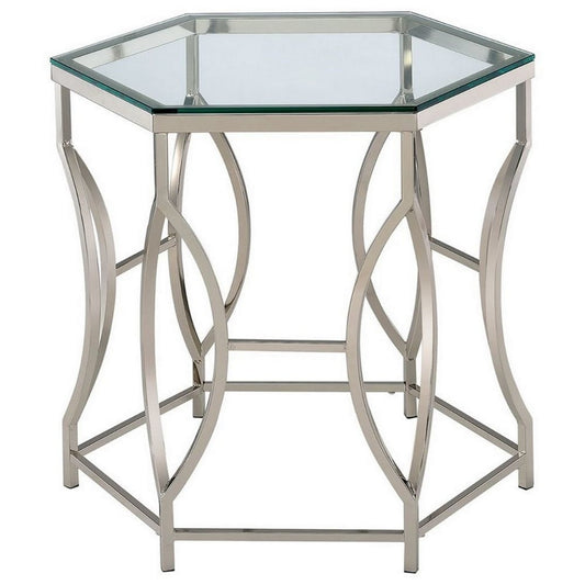 Slade 26" Side End Table, Hexagonal, Geometric Base, Chrome By Casagear Home