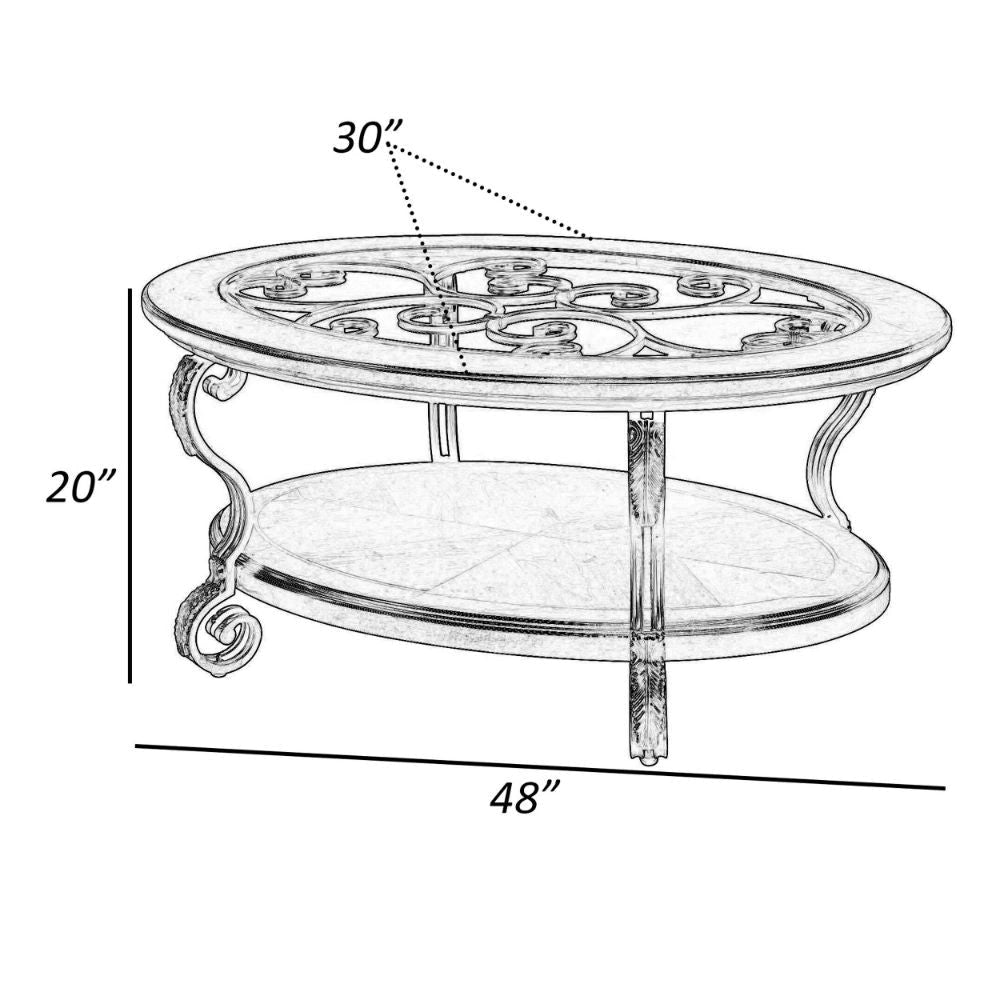 48 Oval Coffee Table Glass Top Scrolled Metal Legs Brown By Casagear Home BM300707