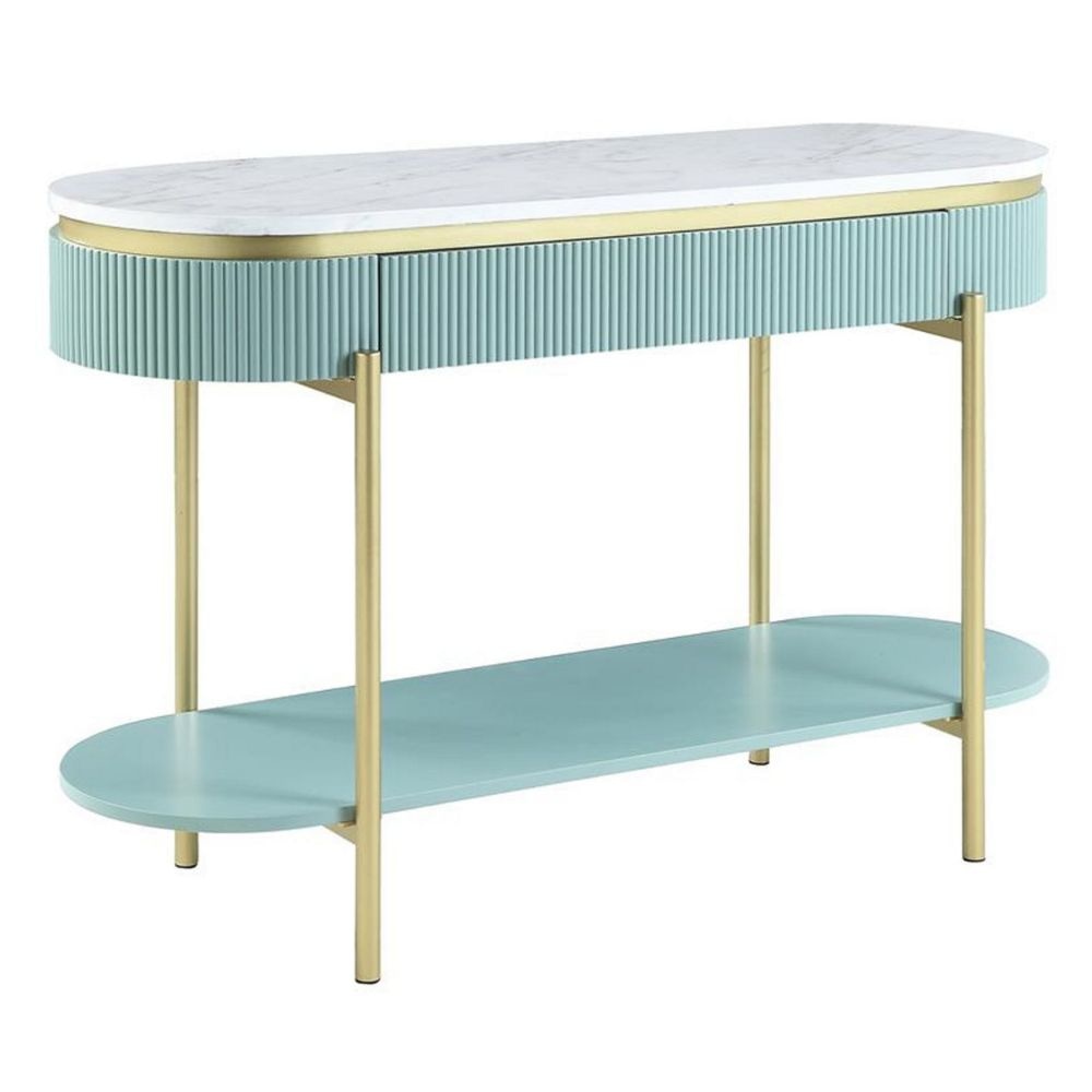 Ville 48" Sofa Console Table, Faux Marble Top, White, Teal By Casagear Home