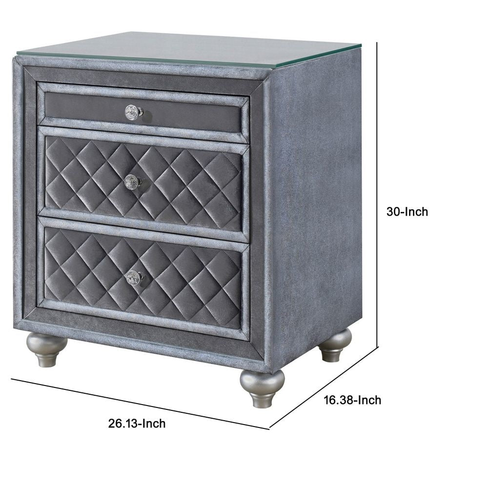 Yin 30 3 Drawer Nightstand Crystal Knobs Gray Velvet By Casagear Home BM300868