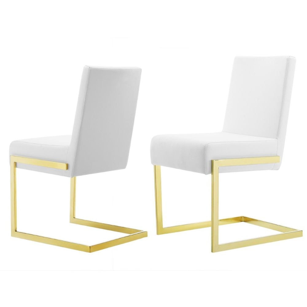 Set of 2 Dining Chairs, White Faux Leather, Gold Cantilever By Casagear Home