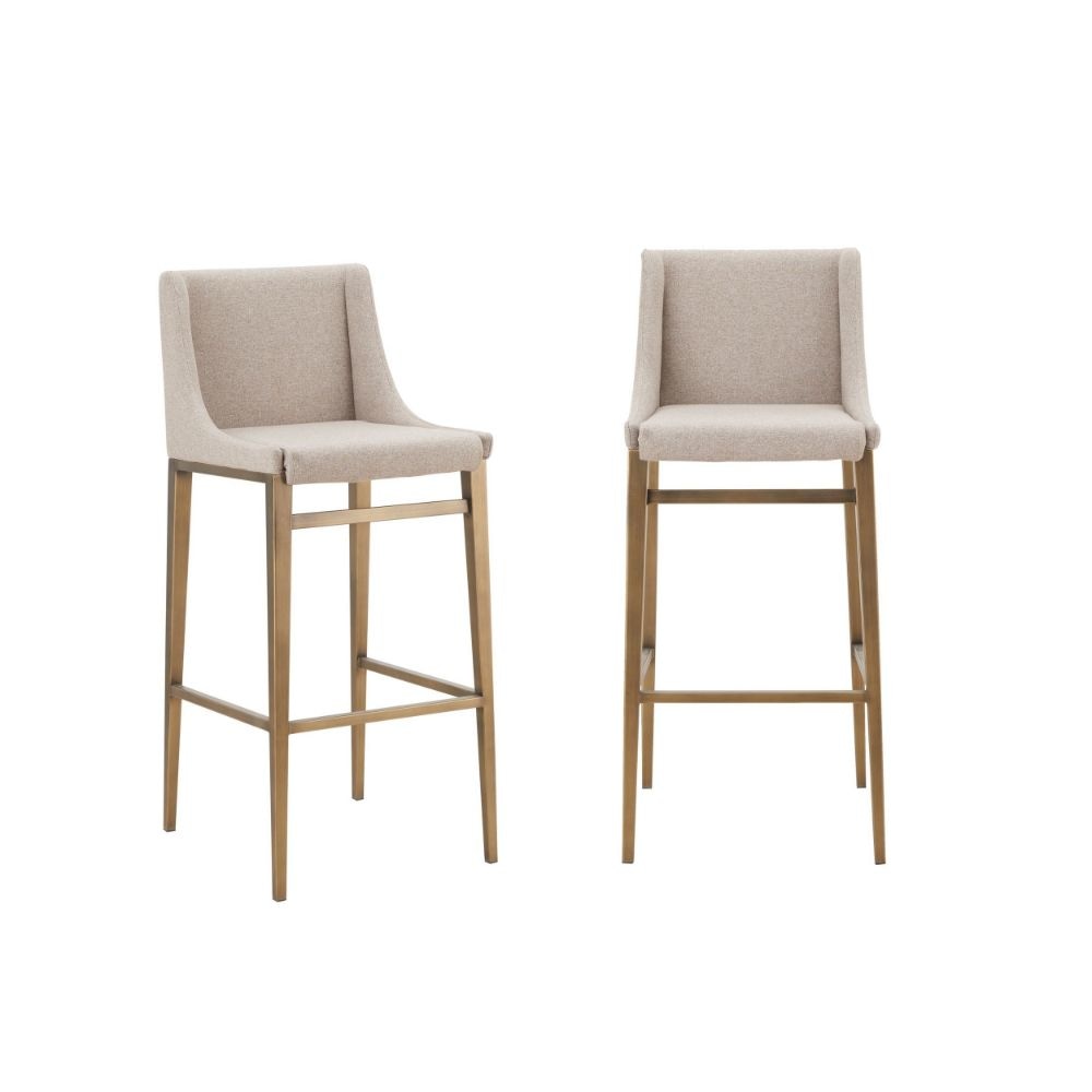 Cid Kenn 31" Bar Stool, Set of 2, Beige Fabric, Brass By Casagear Home