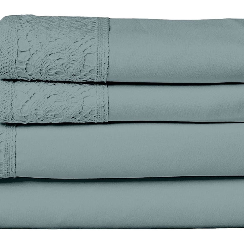 Edra 4 Piece Microfiber Queen Sheet Set with Lace Teal Gray By Casagear Home BM301870