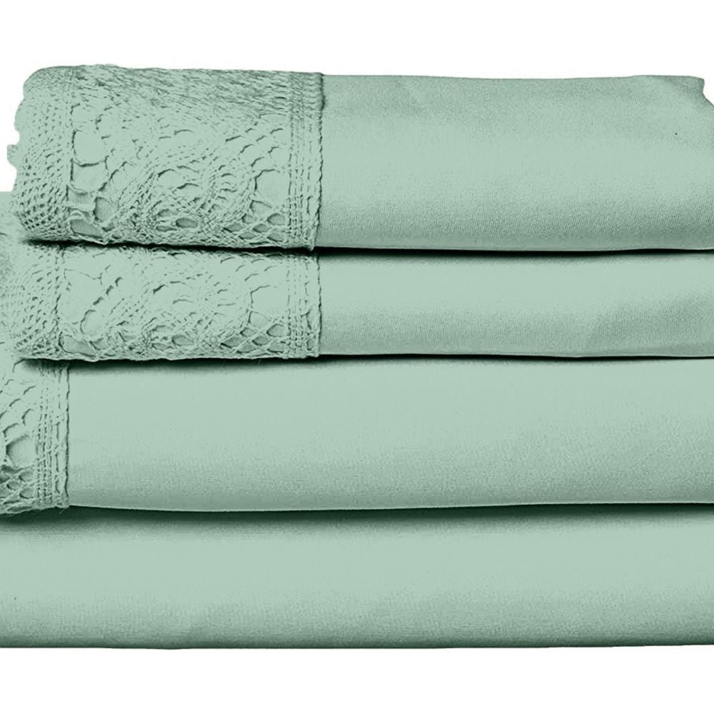 Edra 4 Piece Microfiber Queen Sheet Set with Lace Sea Green By Casagear Home BM301875