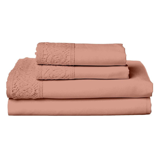 Edra 4 Piece Microfiber Queen Sheet Set, Lace, Dusty Pink By Casagear Home