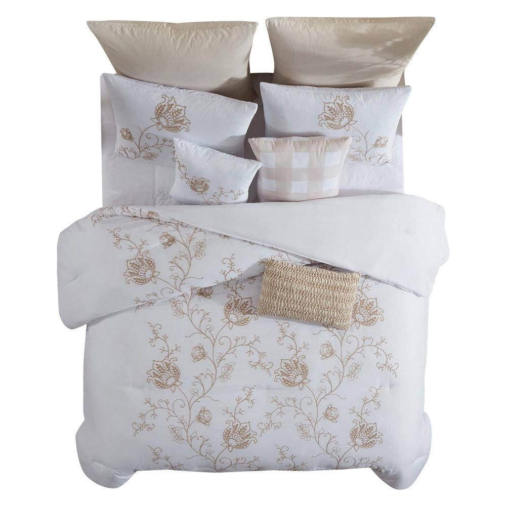 Miki 8 Piece King Comforter Set Embroidery White Beige By Casagear Home BM301918