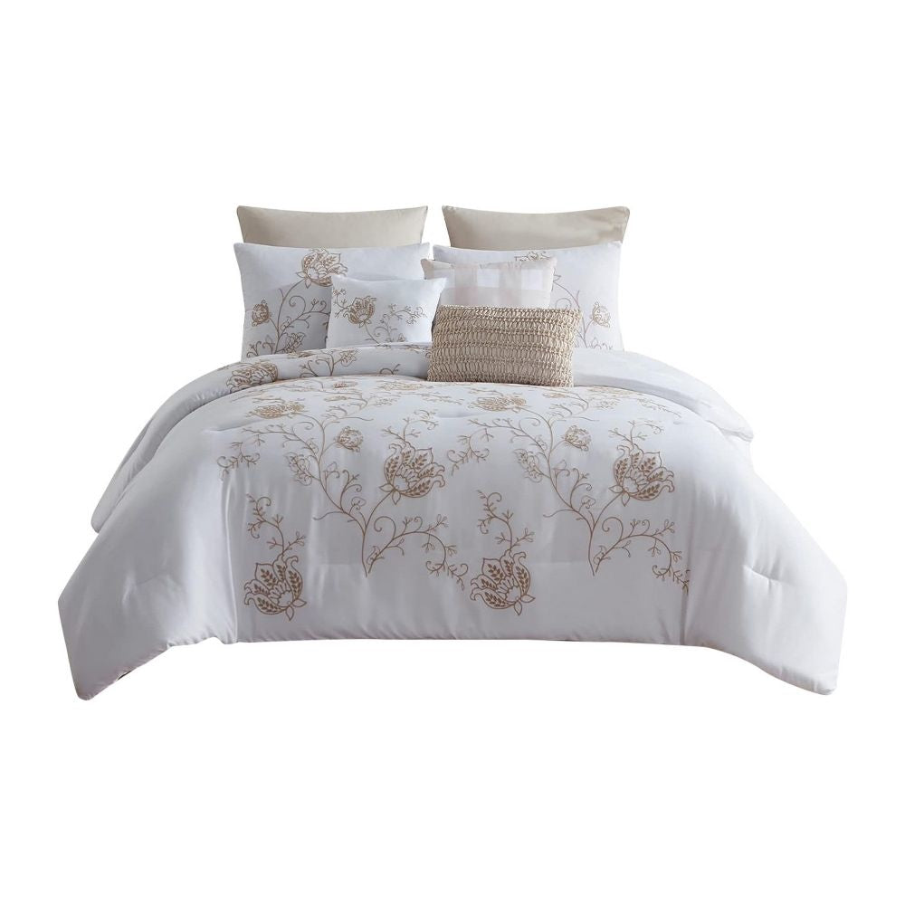 Miki 8 Piece Queen Comforter Set Embroidery White Beige By Casagear Home BM301919