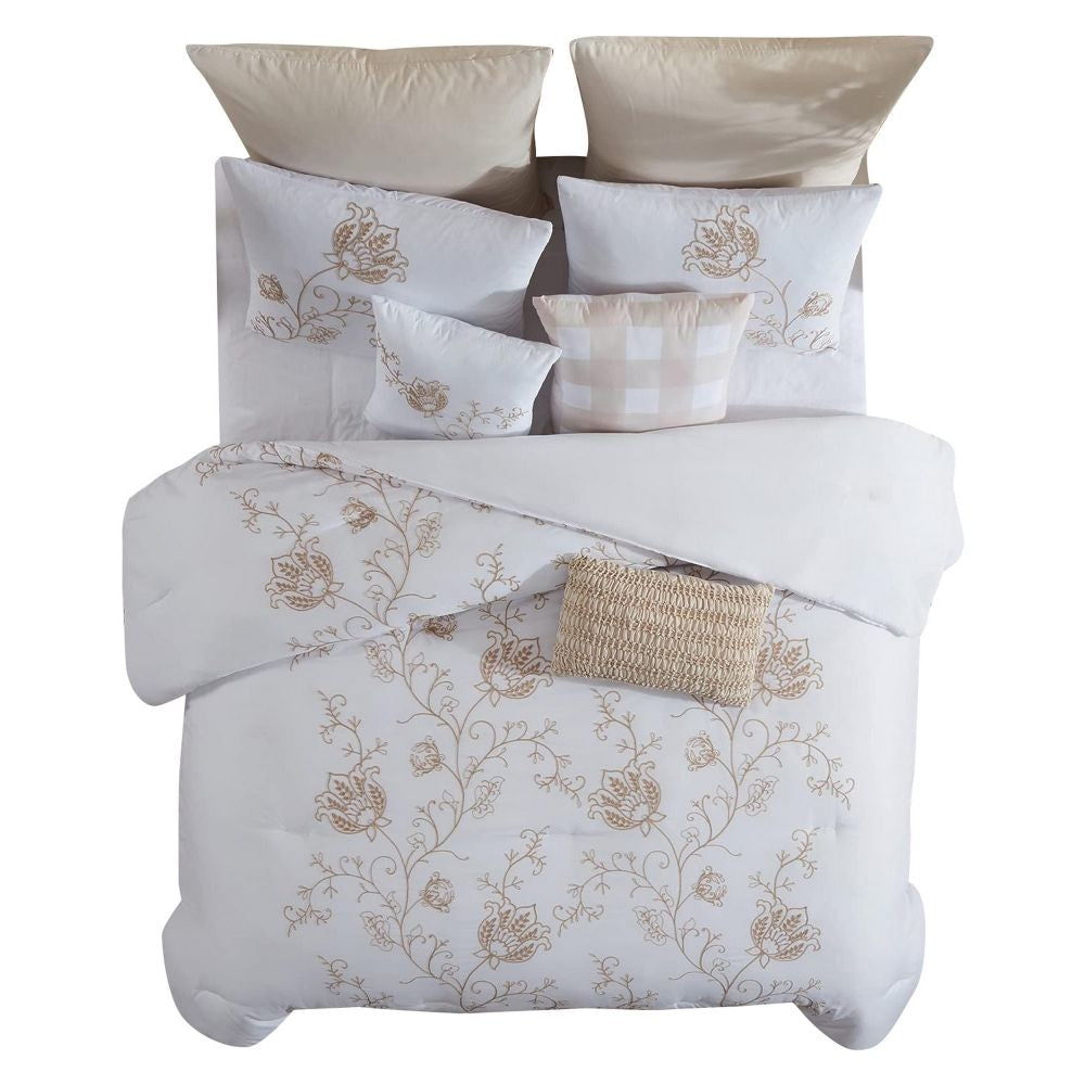 Miki 8 Piece Queen Comforter Set Embroidery White Beige By Casagear Home BM301919