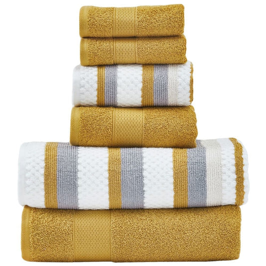 Nyx 6 Piece Soft Cotton Towel Set, Striped, White and Yellow By Casagear Home