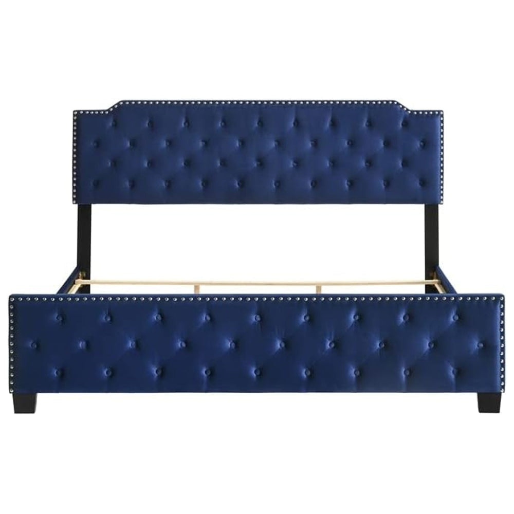 Agapi King Size Bed Button Tufted Nailhead Trim Blue Fabric Upholstery By Casagear Home BM302195