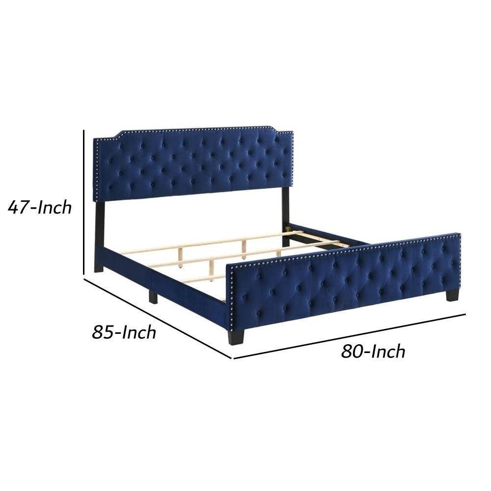 Agapi King Size Bed Button Tufted Nailhead Trim Blue Fabric Upholstery By Casagear Home BM302195