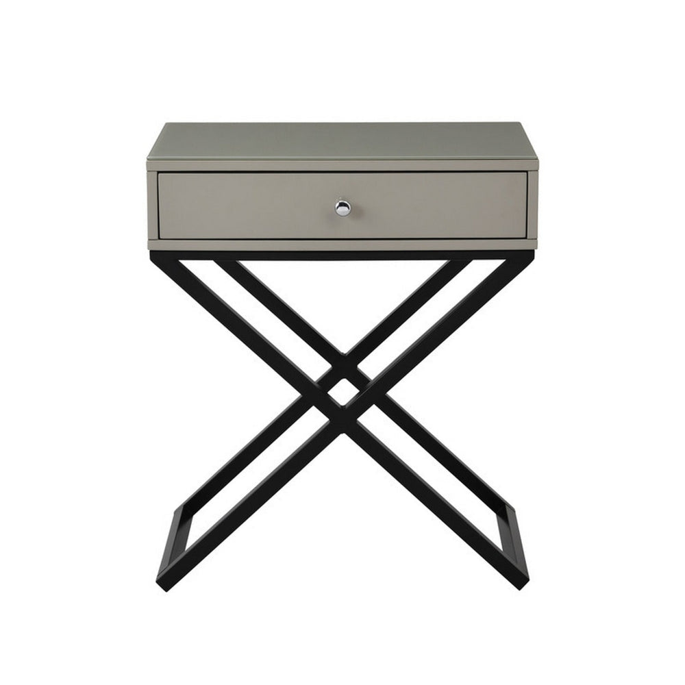 Zeno 27 Inch 1 Drawer Nightstand Glass Top Black Metal Cross Legs Taupe By Casagear Home BM302303