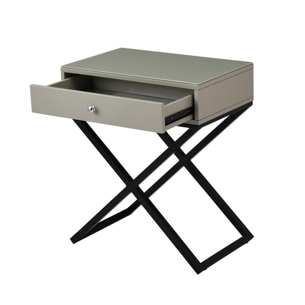 Zeno 27 Inch 1 Drawer Nightstand Glass Top Black Metal Cross Legs Taupe By Casagear Home BM302303