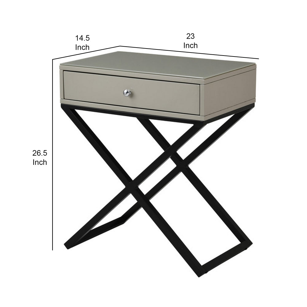 Zeno 27 Inch 1 Drawer Nightstand Glass Top Black Metal Cross Legs Taupe By Casagear Home BM302303