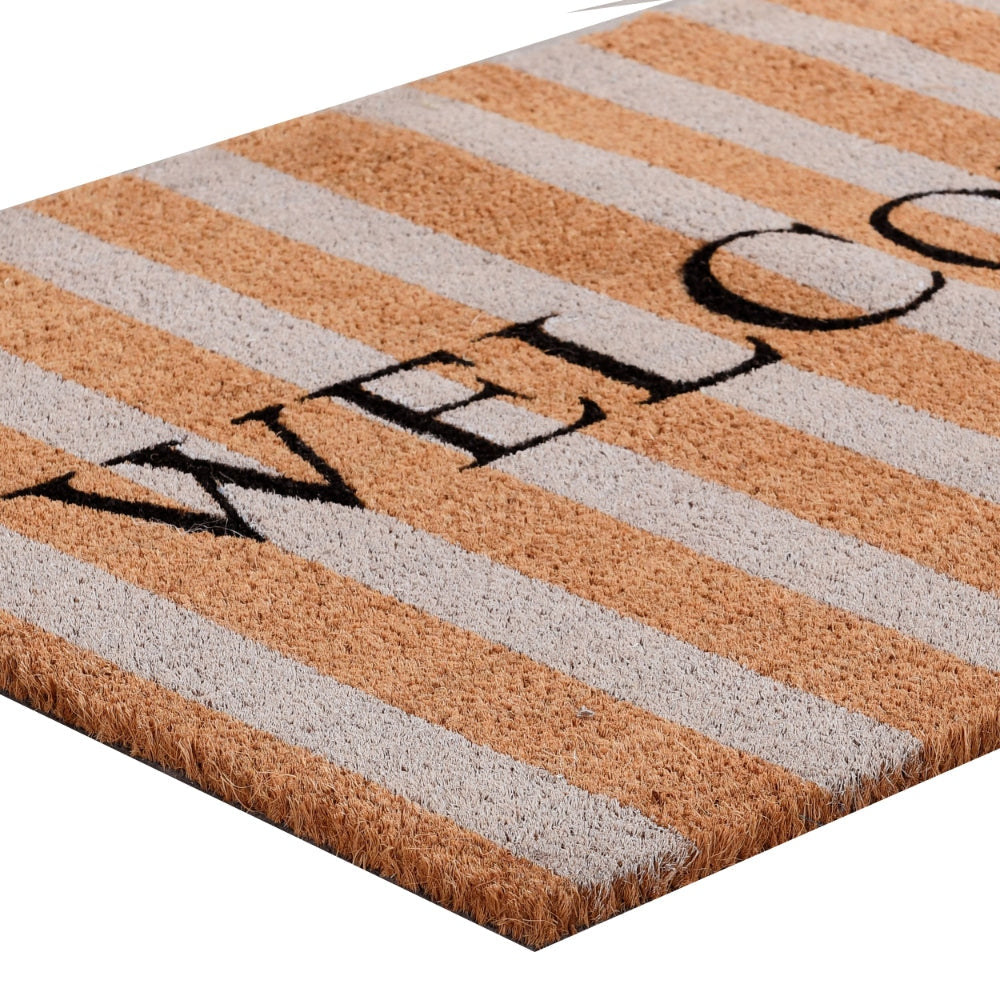 Oy 24 x 36 Coir Welcome Doormat Hand Screen Print Brown and Ivory Stripes By Casagear Home BM302354