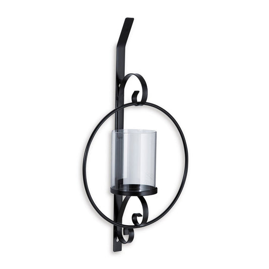 23 Inch Wall Sconce Candle Holder, Glass Hurricane, Keyhole Bracket, Black By Casagear Home