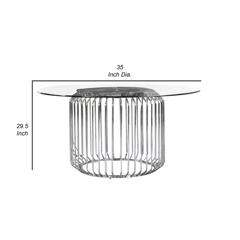 35 Inch Cylindrical Dining Table Base Only Caged Polished Chrome Metal By Casagear Home BM302419