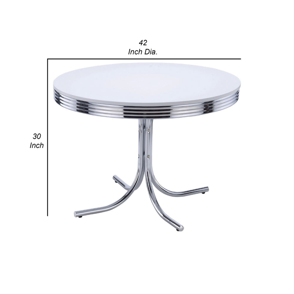 Loy 42 Inch Round Dining Table Glossy White Wood Top Ribbed Chrome Apron By Casagear Home BM302428