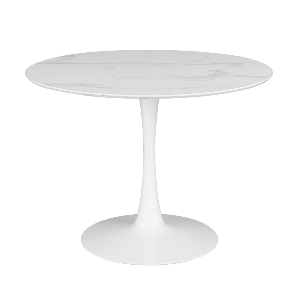 Loxi 40 Inch Round Dining Table, White Faux Marble Top, Tulip Accent Body By Casagear Home