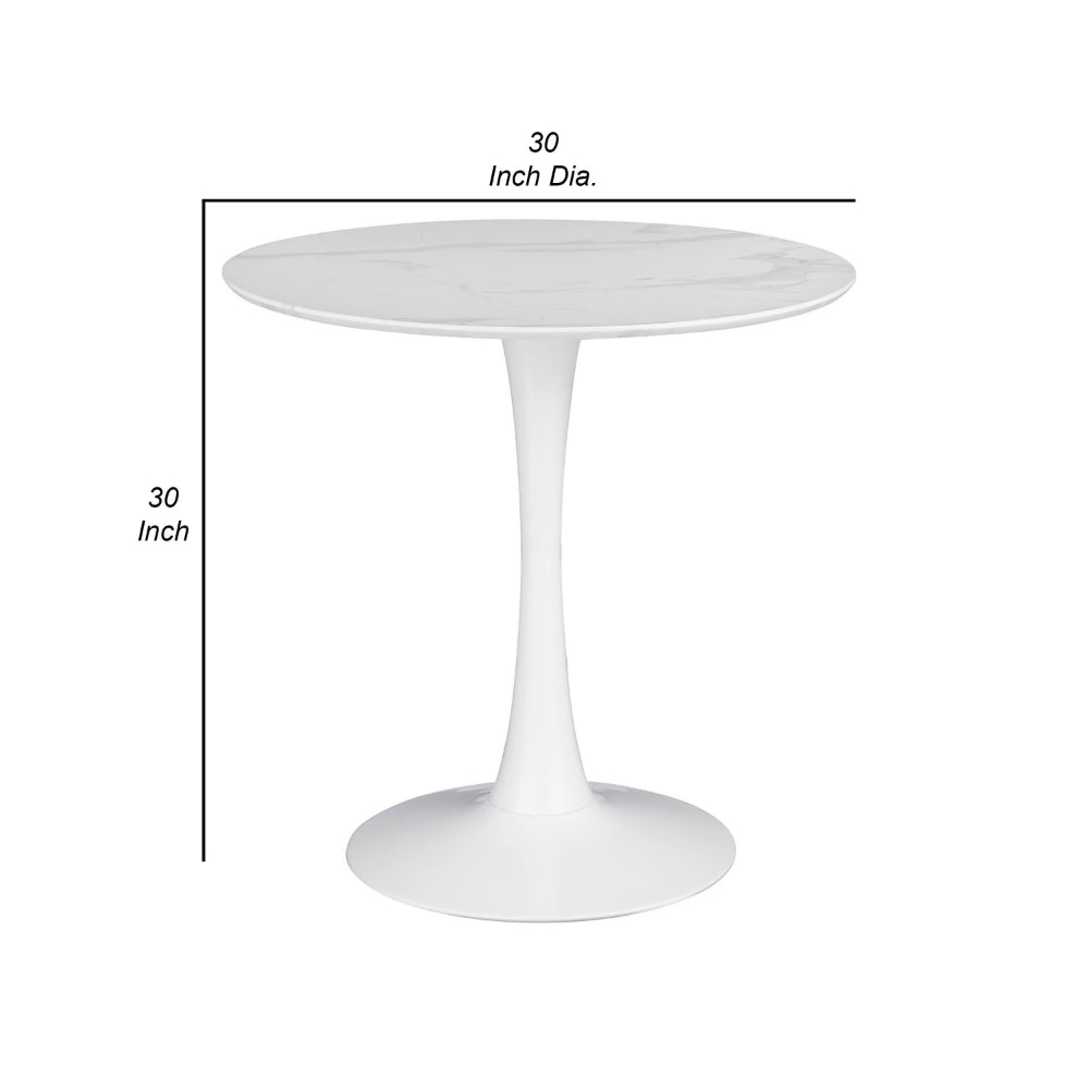 Loxi 30 Inch Round Dining Table White Faux Marble Top Tulip Accent Body By Casagear Home BM302430