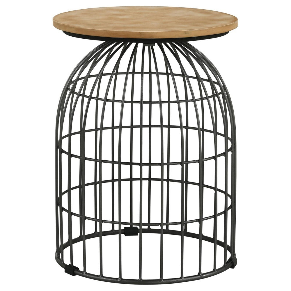 21 Inch Round Accent Table with Bird Cage Style Base Beige Marble Black By Casagear Home BM302466