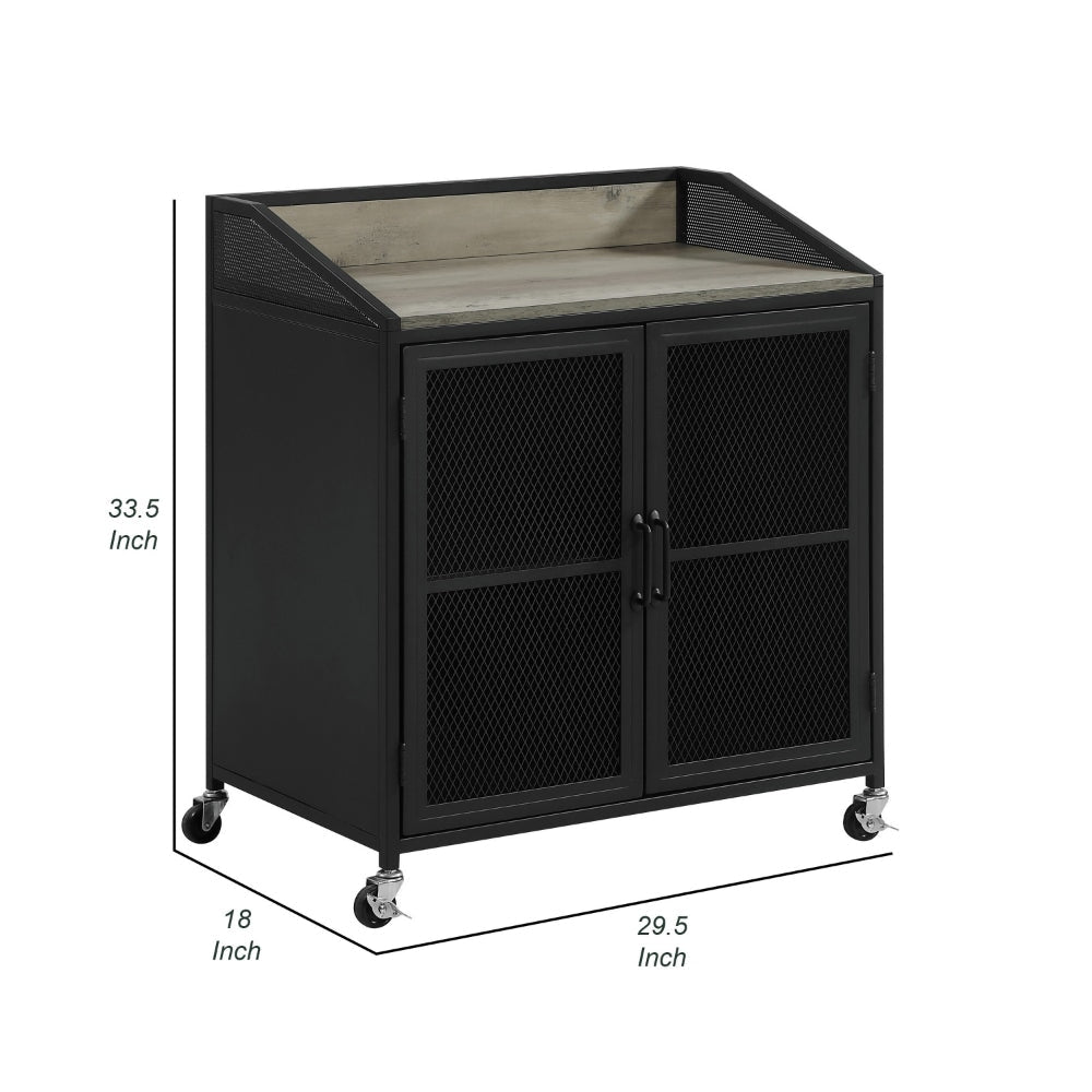 34 Inch Bar Cabinet On Wheels Wire Mesh Doors Wood Grain Details Black By Casagear Home BM302490