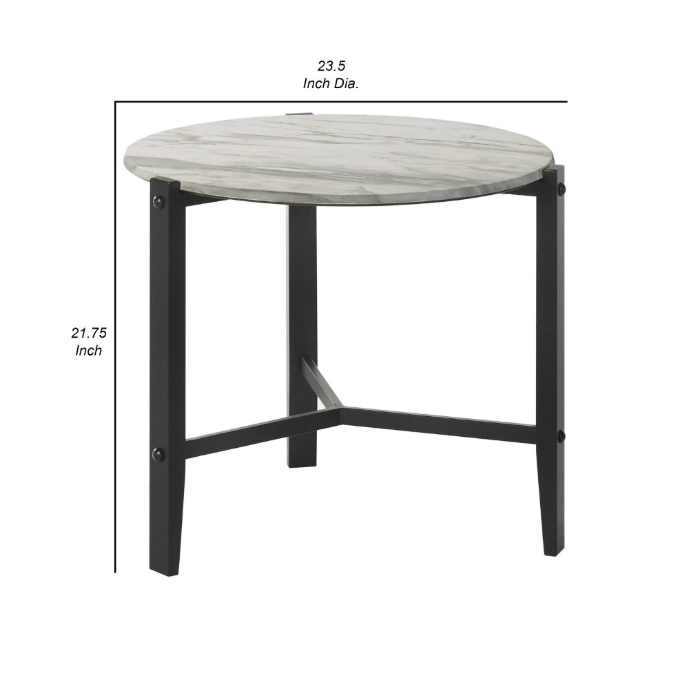 Zuko 24 Inch Round End Table White Faux Marble Design Black Legs By Casagear Home BM302511