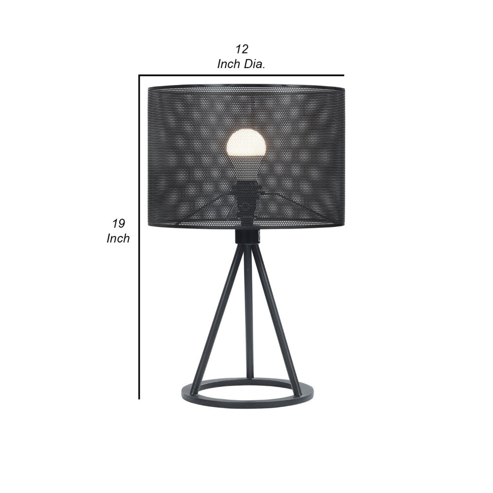 19 Inch Table Lamp Metal Mesh Drum Shade Tripod Style Base Matte Black By Casagear Home BM302520