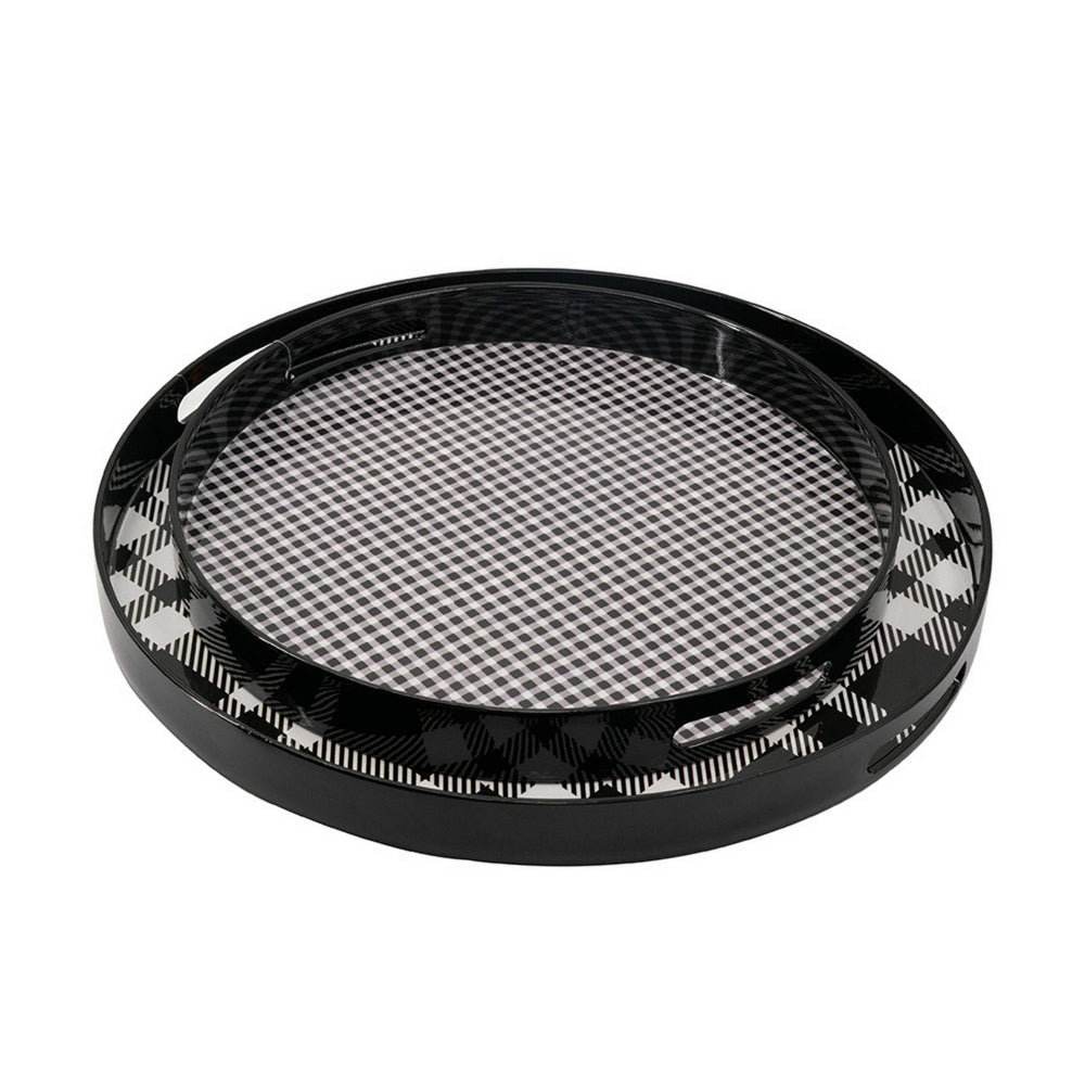 2 Piece Round Decorative Tray Plastic Frame Black and White Plaid Print By Casagear Home BM302538