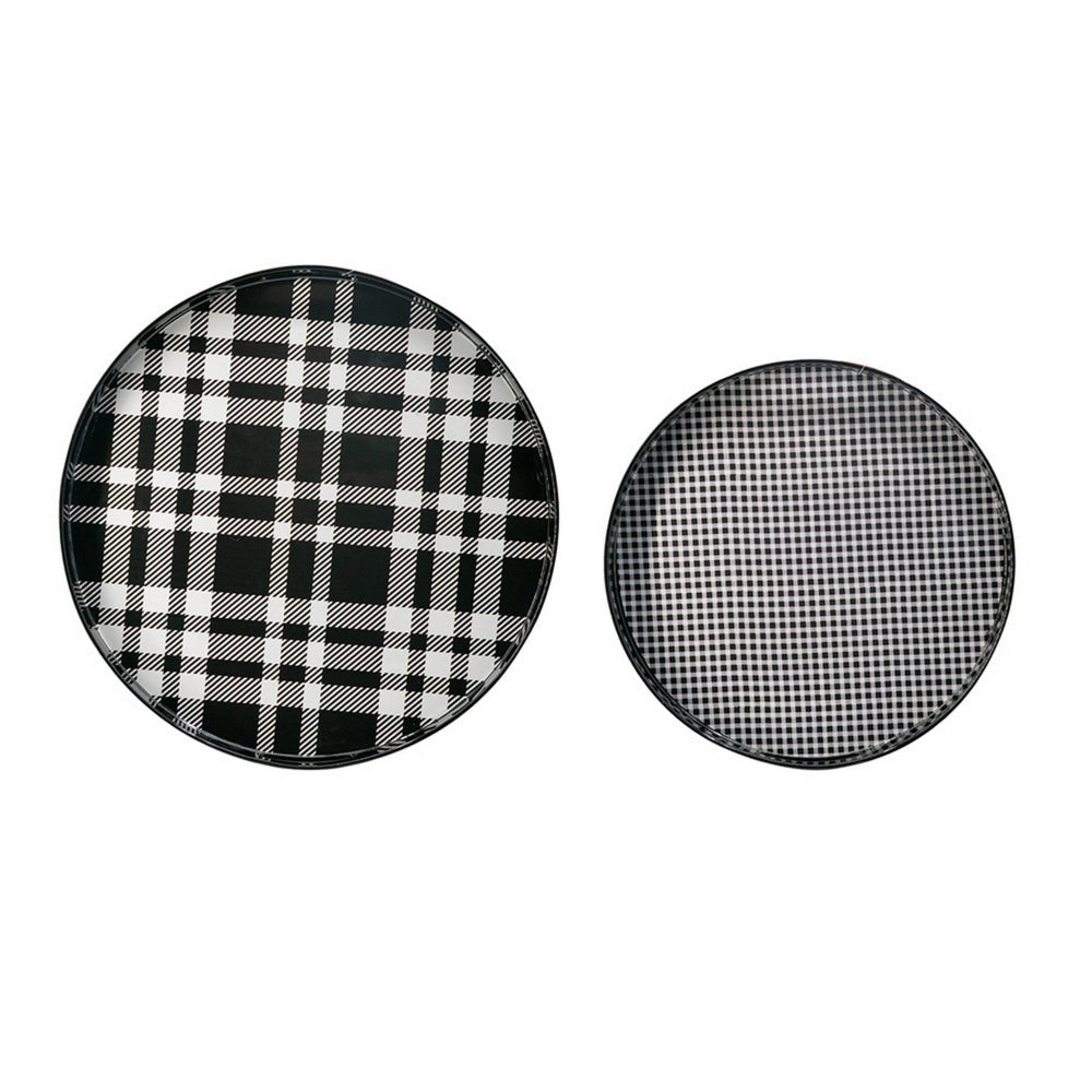 2 Piece Round Decorative Tray Plastic Frame Black and White Plaid Print By Casagear Home BM302538